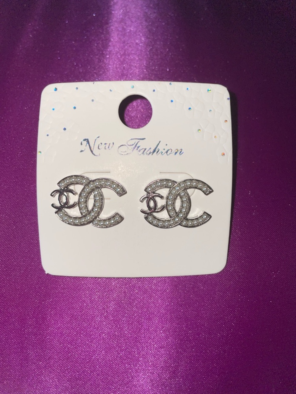 Silver Pearl CC Logo Stud Earrings